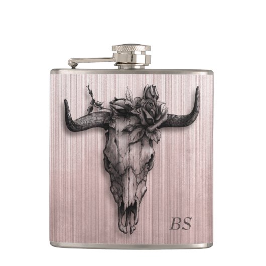 Flasques Crâne de taureau et rayures de rose Monogramme en (Devant)