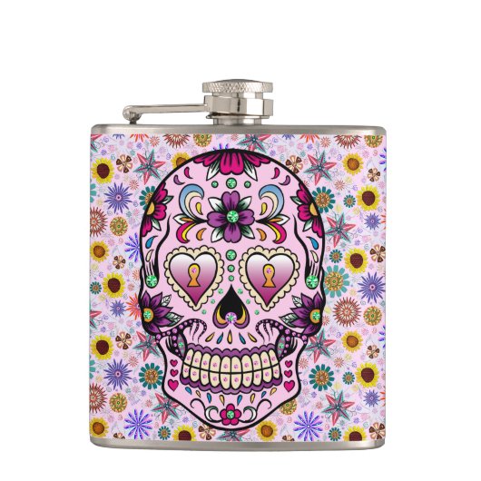 Flasques Crâne floral rétro coloré teint rose 2 (Devant)