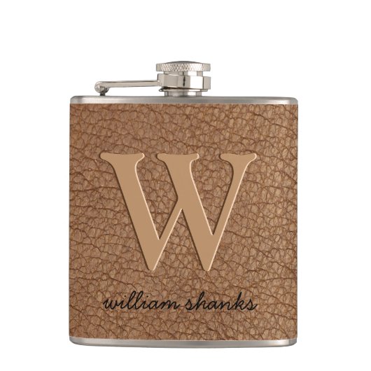 Flasques Cuir brun rustique noir or chic monogramme nom (Devant)