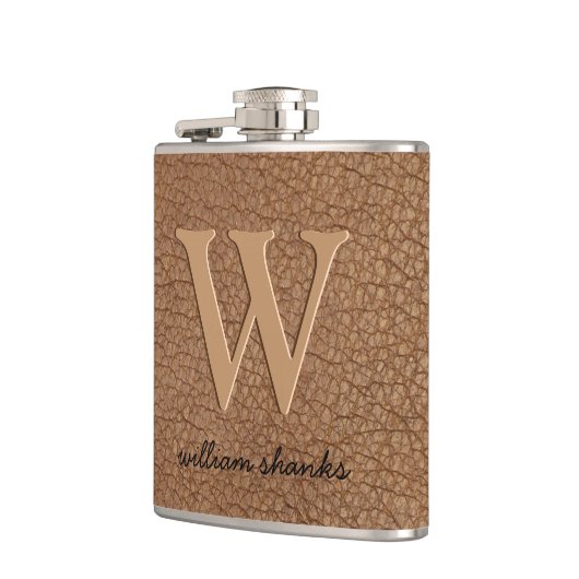 Flasques Cuir brun rustique noir or chic nom monogramme (Gauche)