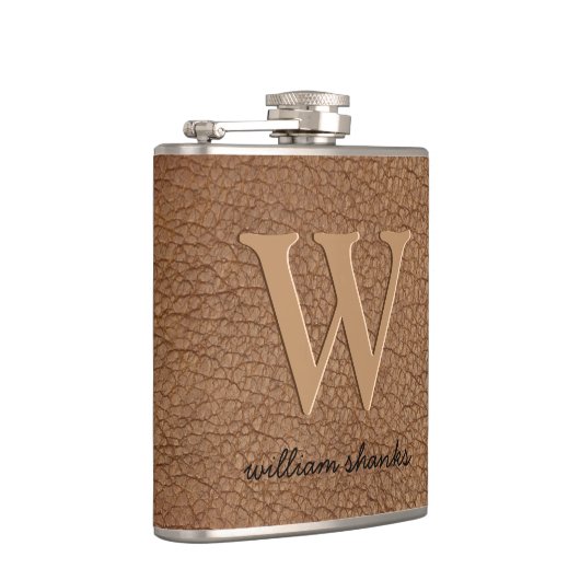 Flasques Cuir brun rustique noir or chic nom monogramme (Droite)