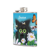 Flasques Cute Black Kitten et Daisies Art Personnalisé (Gauche)
