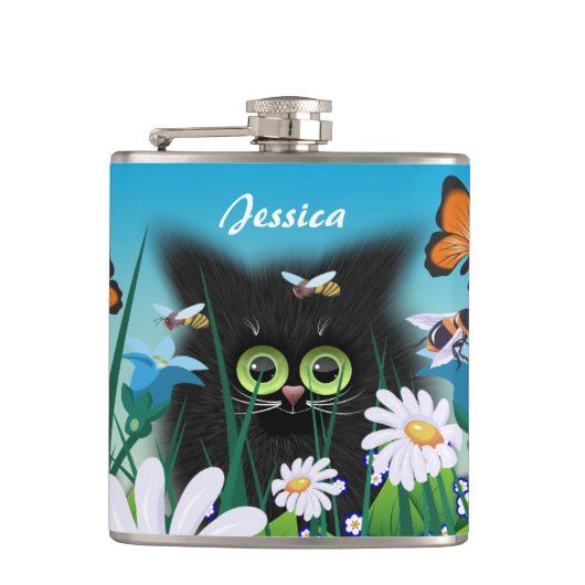 Flasques Cute Black Kitten et Daisies Art Personnalisé (Devant)