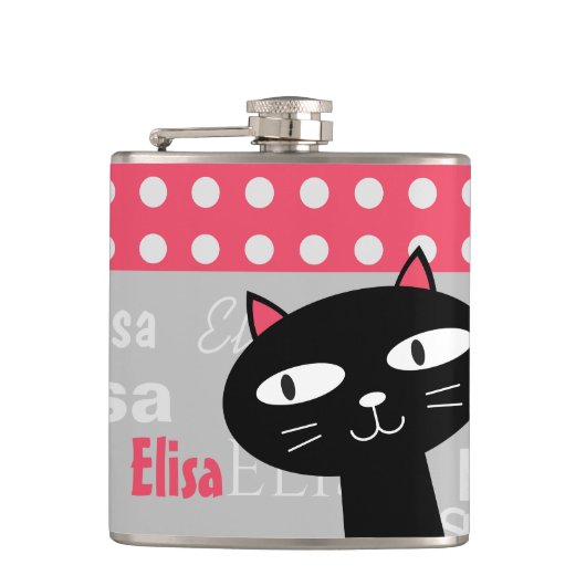 Flasques Cute Chat Noir Pois Rose Ajouter Votre Nom (Devant)