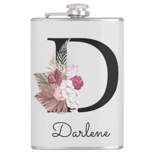 Flasques D initiale brodée rose boho floral