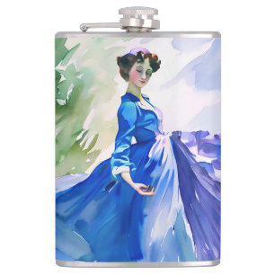 Flasques Dame en Robe Bleue - Peinture aquarelle