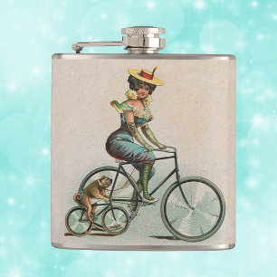 Flasques Dame victorienne vintage à vélo avec son chien