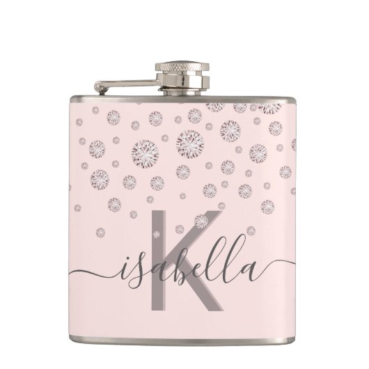 Flasques Diamants roses blush or rose script monogramme (Devant)