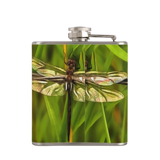 Flasques Dragonfly Artistique En Brown Et Jaune Sur Vert (Dos)