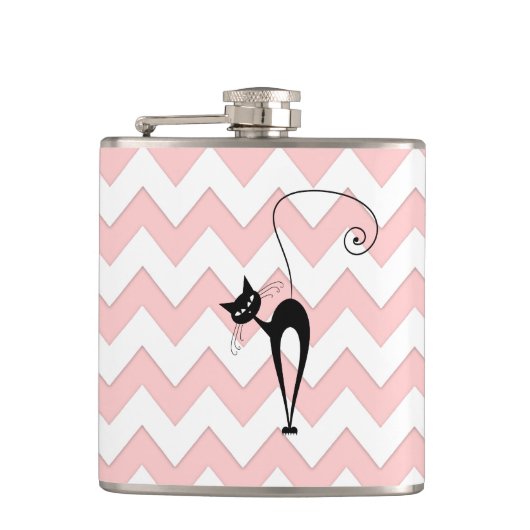 Flasques Drôle whimsical noir chat chevron rose pâle (Devant)