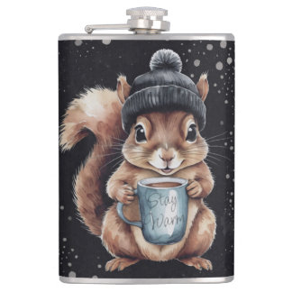 Flasques Écureuil avec tasse et neige "Stay Warm"