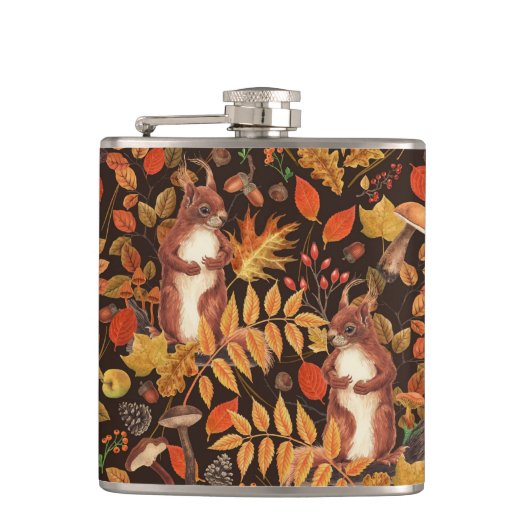 Flasques Écureuils automnaux et flore sur brun foncé (Devant)