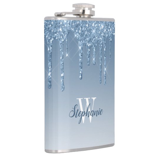 Flasques Élégant Bleu Déchets Parties scintillant Monogramm (Droite)