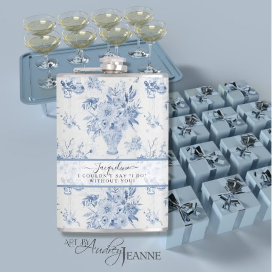 Flasques Élégant Bleu en Blanc Floral Classic Bridesmaid