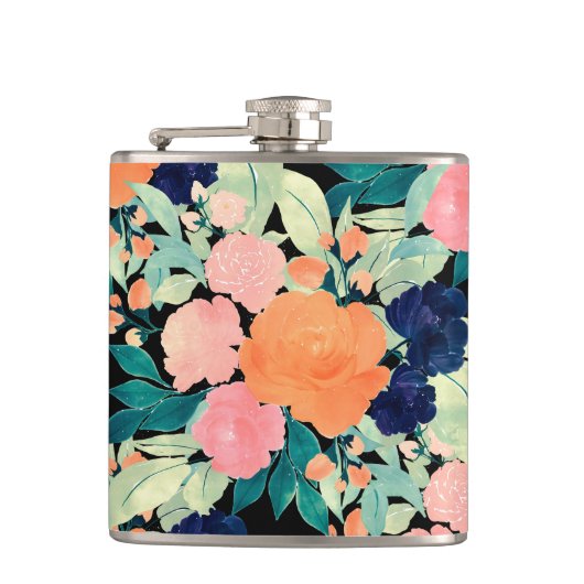 Flasques Elégant bleu rose orange Fleurs noir floral (Devant)