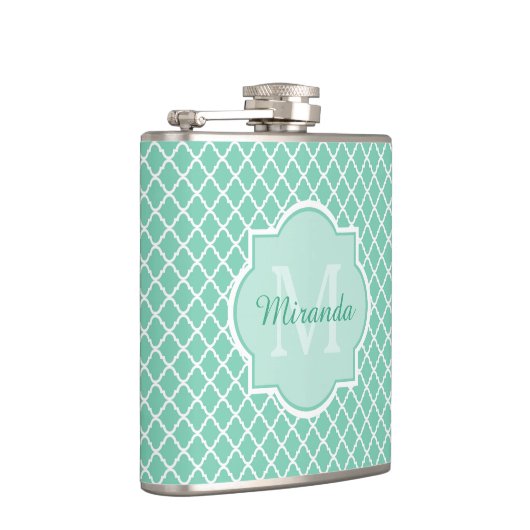 Flasques Élégant Monogramme De Quatrefoil Vert Mint Avec No (Droite)