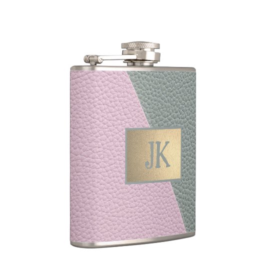 Flasques Élégant Monogramme en cuir rose vert (Droite)