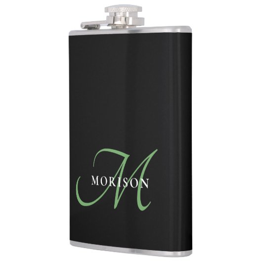 Flasques Élégant Monogramme moderne noir vert Script (Gauche)