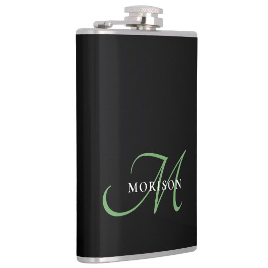 Flasques Élégant Monogramme moderne noir vert Script (Droite)