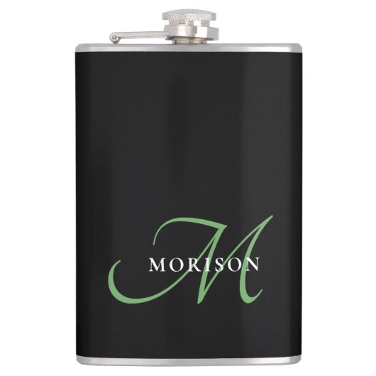 Flasques Élégant Monogramme moderne noir vert Script (Devant)