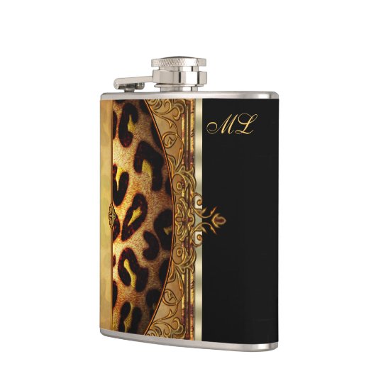 Flasques Élégant Monogramme noir et or Leopard (Gauche)