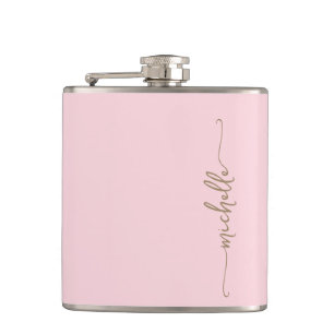 Flasques Élégant Monogramme Or Nom Script Blush Rose
