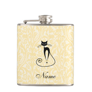 Flasques Elégant noir chat damassé vintage nom du client