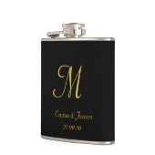 Flasques Élégant Noir & Or Script Monogramme Nom Mariage (Gauche)
