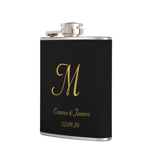 Flasques Élégant Noir & Or Script Monogramme Nom Mariage (Gauche)