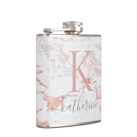 Flasques Élégant Rose  Gold Foil Monogramme en marbre (Droite)