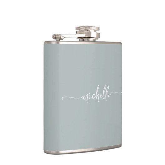 Flasques Élégant Sage Green Monogramme Nom Script (Droite)