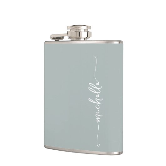 Flasques Élégant Sage Green Monogramme Nom Script (Gauche)