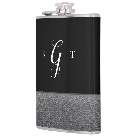 Flasques Élégant Script Personnalisé Monogramme gris cuir (Gauche)