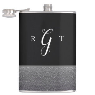 Flasques Élégant Script Personnalisé Monogramme gris cuir