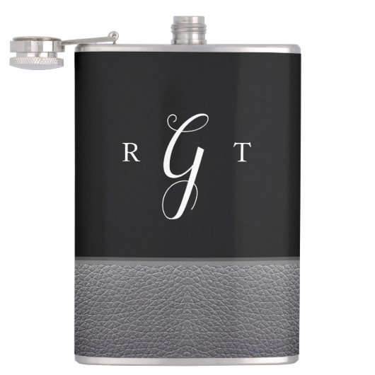 Flasques Élégant Script Personnalisé Monogramme gris cuir (Ouvert)