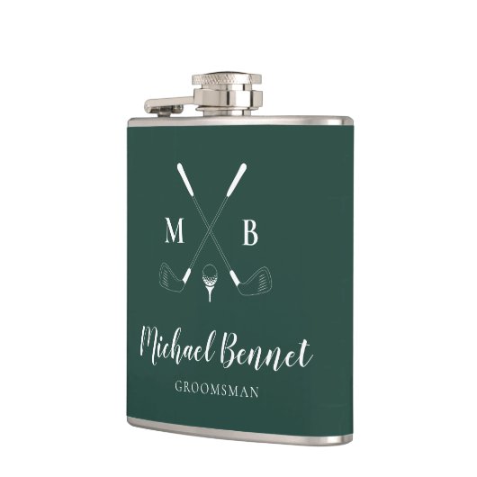 Flasques Emerald Green Moderne Monogram Mariage de golf (Gauche)