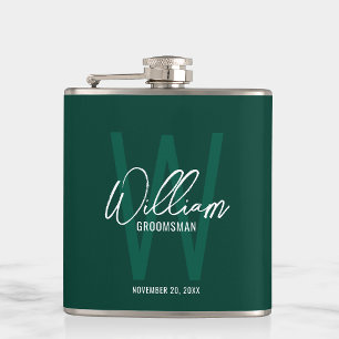 Flasques Emerald Green Script Nom du Groomsman personnalisé