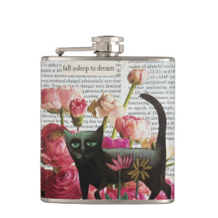 Flasques Endormez-vous pour rêver Chat noir Fleurs roses ch