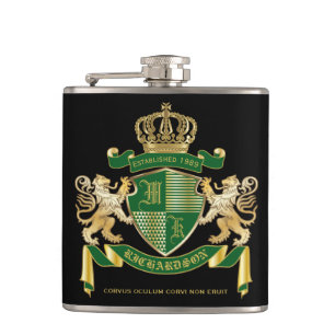 Flasques Faites votre propre blason Green Gold Lion Emblem