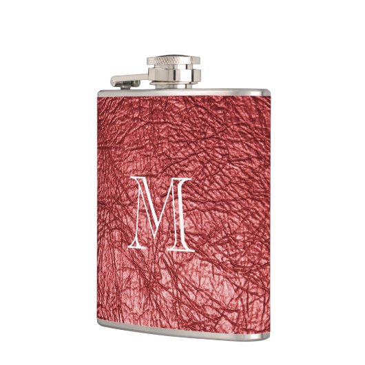 Flasques Faux Monogramme en cuir rouge en acier inoxydable (Gauche)