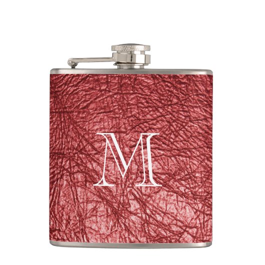 Flasques Faux Monogramme en cuir rouge en acier inoxydable (Devant)