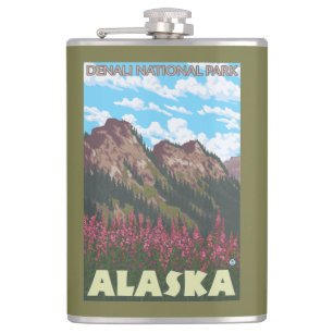 Flasques Fireweed et montagnes - parc national de Denali,