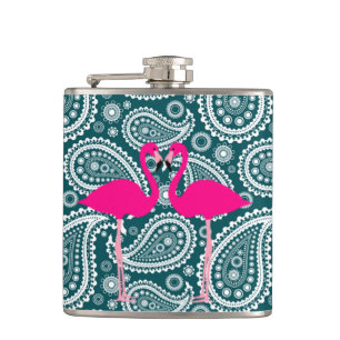 Flasques Flamants roses paisley bleu sarcelle et blanc ador