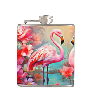Flasques Flamants roses roses dans un lac avec fleurs-20231