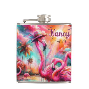 Flasques Flamants roses roses tropicaux Palmiers Personnali