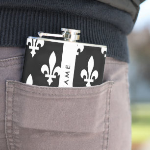 Flasques Fleur de Lis, Blanc sur Noir, Blanc, Votre Nom