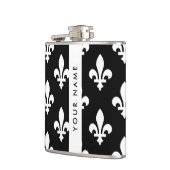 Flasques Fleur de Lis, Blanc sur Noir, Blanc, Votre Nom (Gauche)