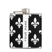 Flasques Fleur de Lis, Blanc sur Noir, Blanc, Votre Nom (Devant)