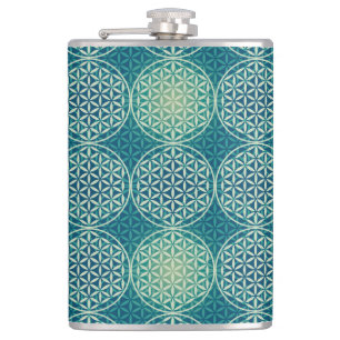 Flasques Fleur de vie - motif de timbre - bleu cyan