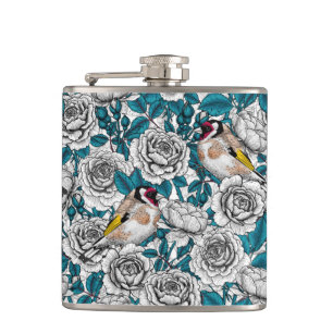 Flasques Fleurs de roses blanches et oiseaux d'or